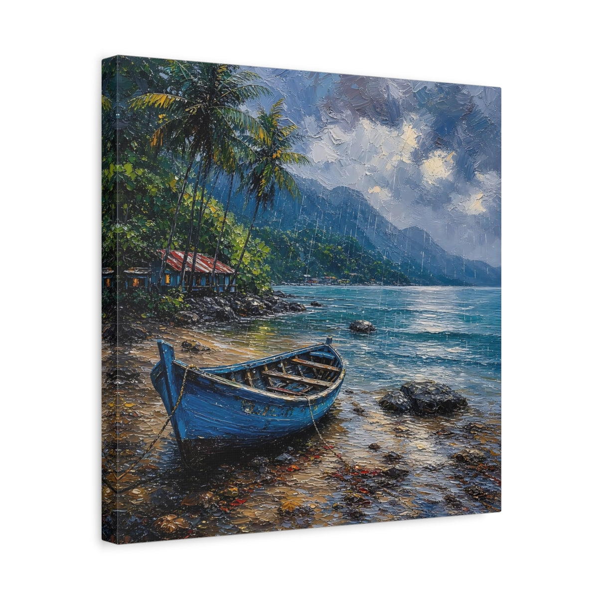 Side Mockup 6. Nature Blue Boat Blue Rainy Seascape shown as stretched canvas wall art