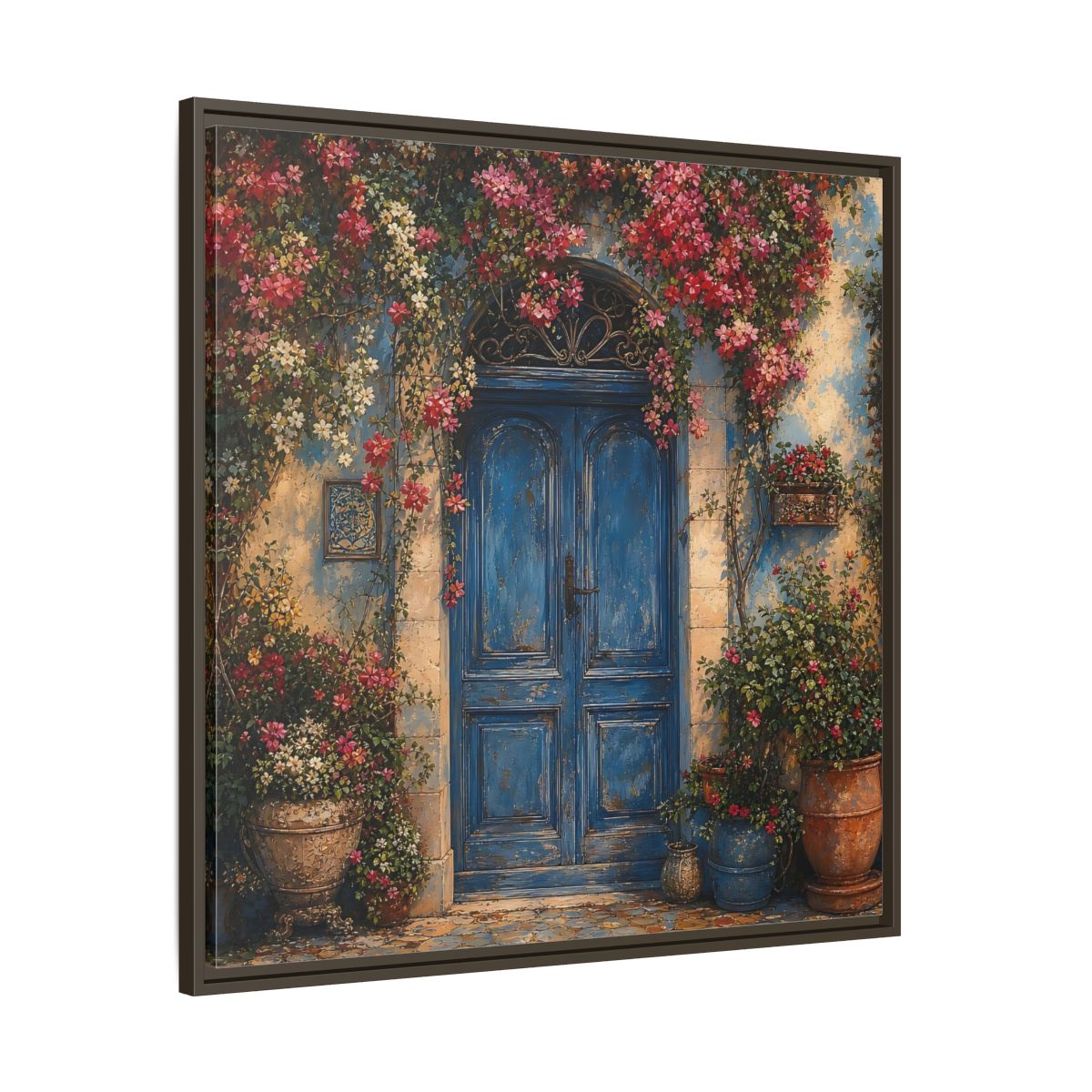 Main Mockup. Nature Blue Door Blue Door Flowers shown as stretched canvas wall art