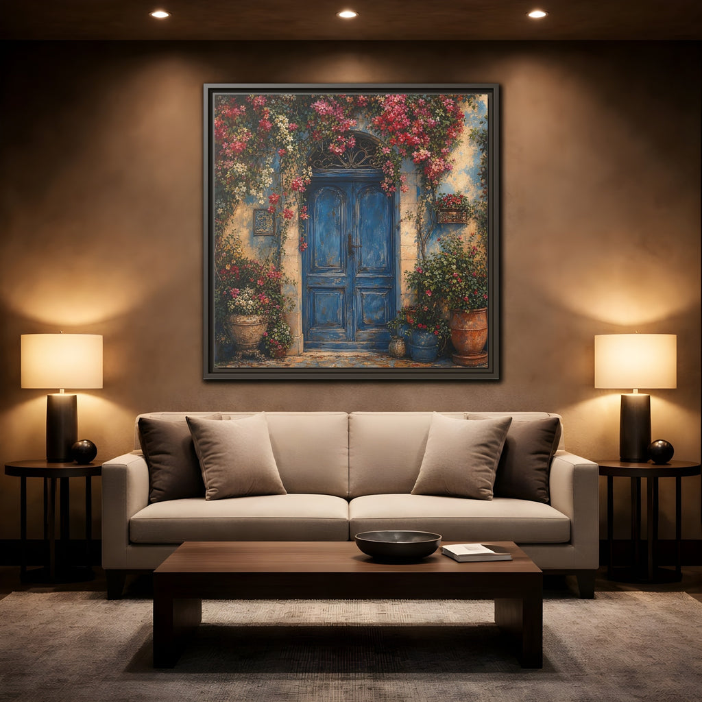 Mockup 2. Nature Blue Door Blue Door Flowers shown as stretched canvas wall art