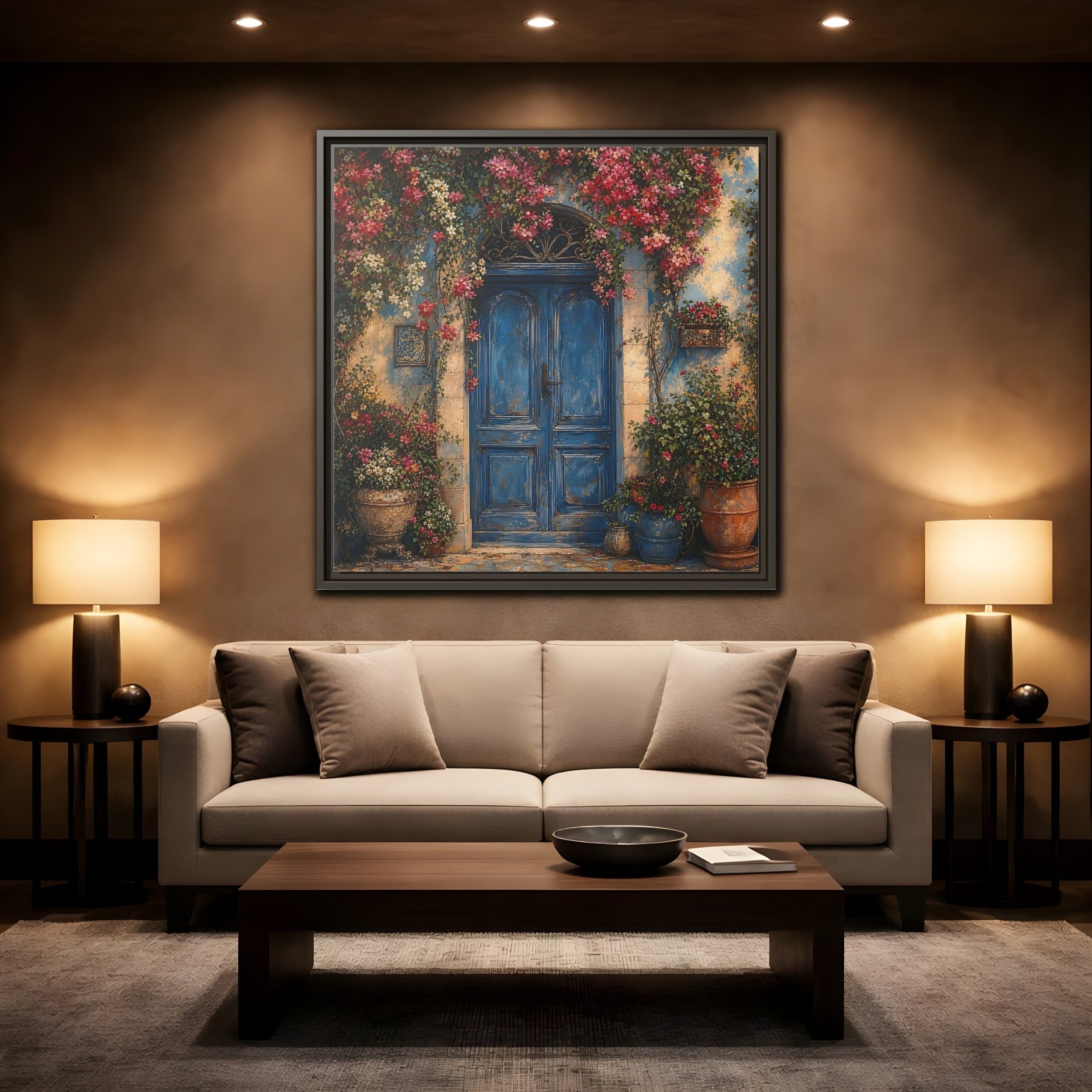 Mockup 2. Nature Blue Door Blue Door Flowers shown as stretched canvas wall art
