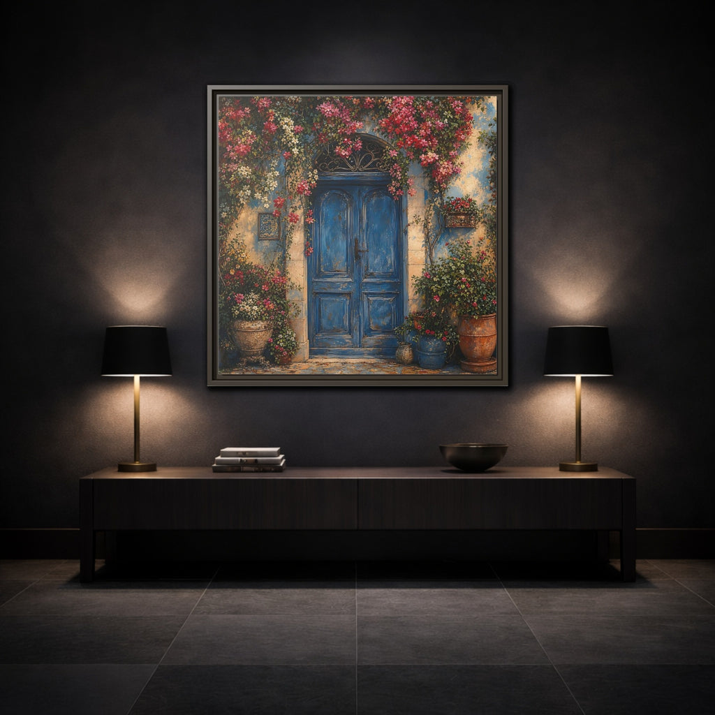 Mockup 3. Nature Blue Door Blue Door Flowers shown as stretched canvas wall art