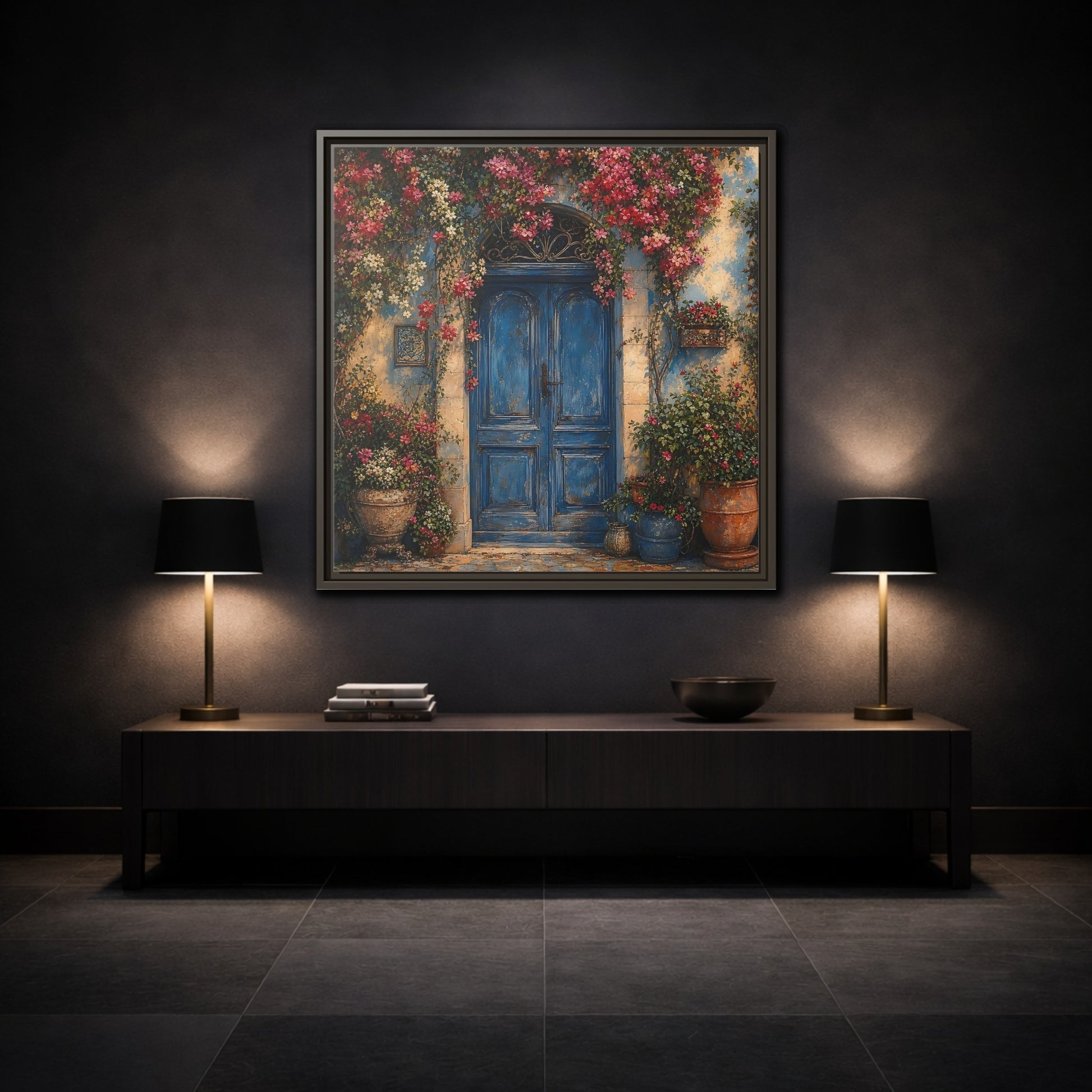 Mockup 3. Nature Blue Door Blue Door Flowers shown as stretched canvas wall art