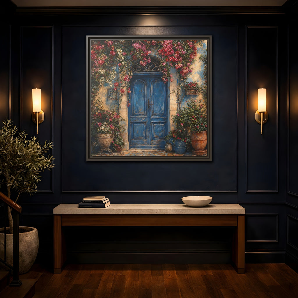 Mockup 4. Nature Blue Door Blue Door Flowers shown as stretched canvas wall art