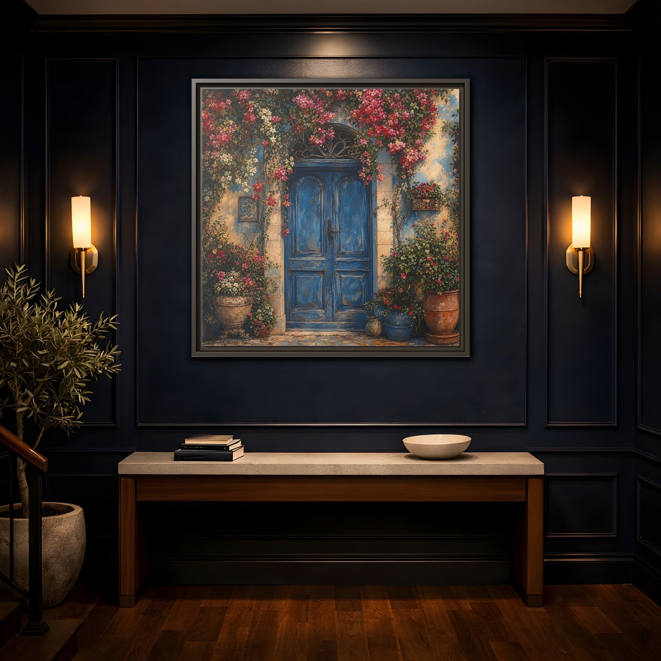 Mockup 4. Nature Blue Door Blue Door Flowers shown as stretched canvas wall art