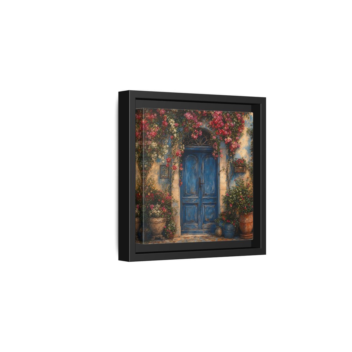 Side Mockup 3. Nature Blue Door Blue Door Flowers shown as stretched canvas wall art