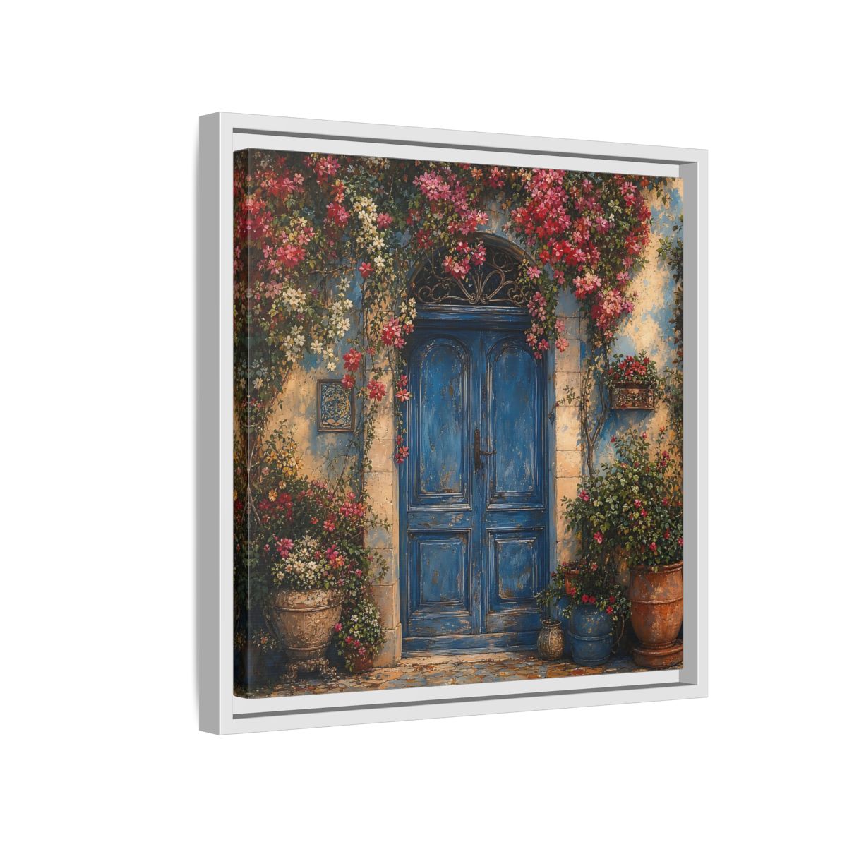 Side Mockup 13. Nature Blue Door Blue Door Flowers shown as stretched canvas wall art