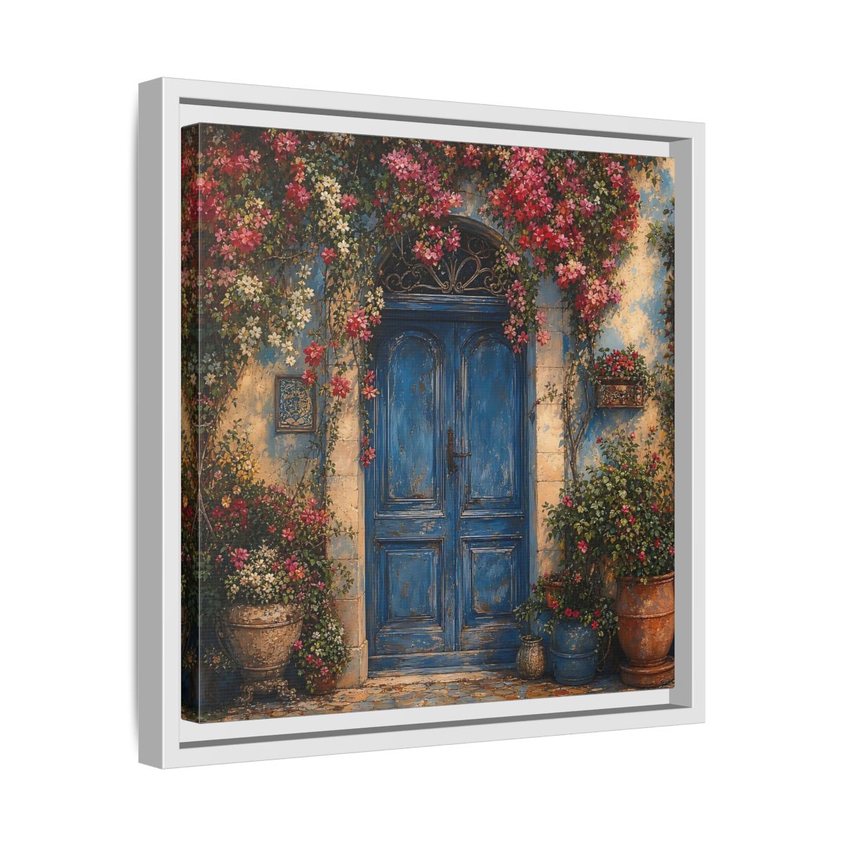 Side Mockup 28. Nature Blue Door Blue Door Flowers shown as stretched canvas wall art