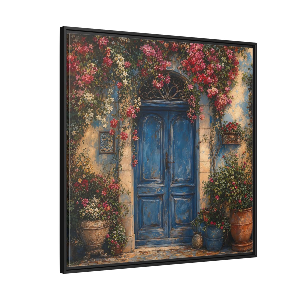 Side Mockup 6. Nature Blue Door Blue Door Flowers shown as stretched canvas wall art