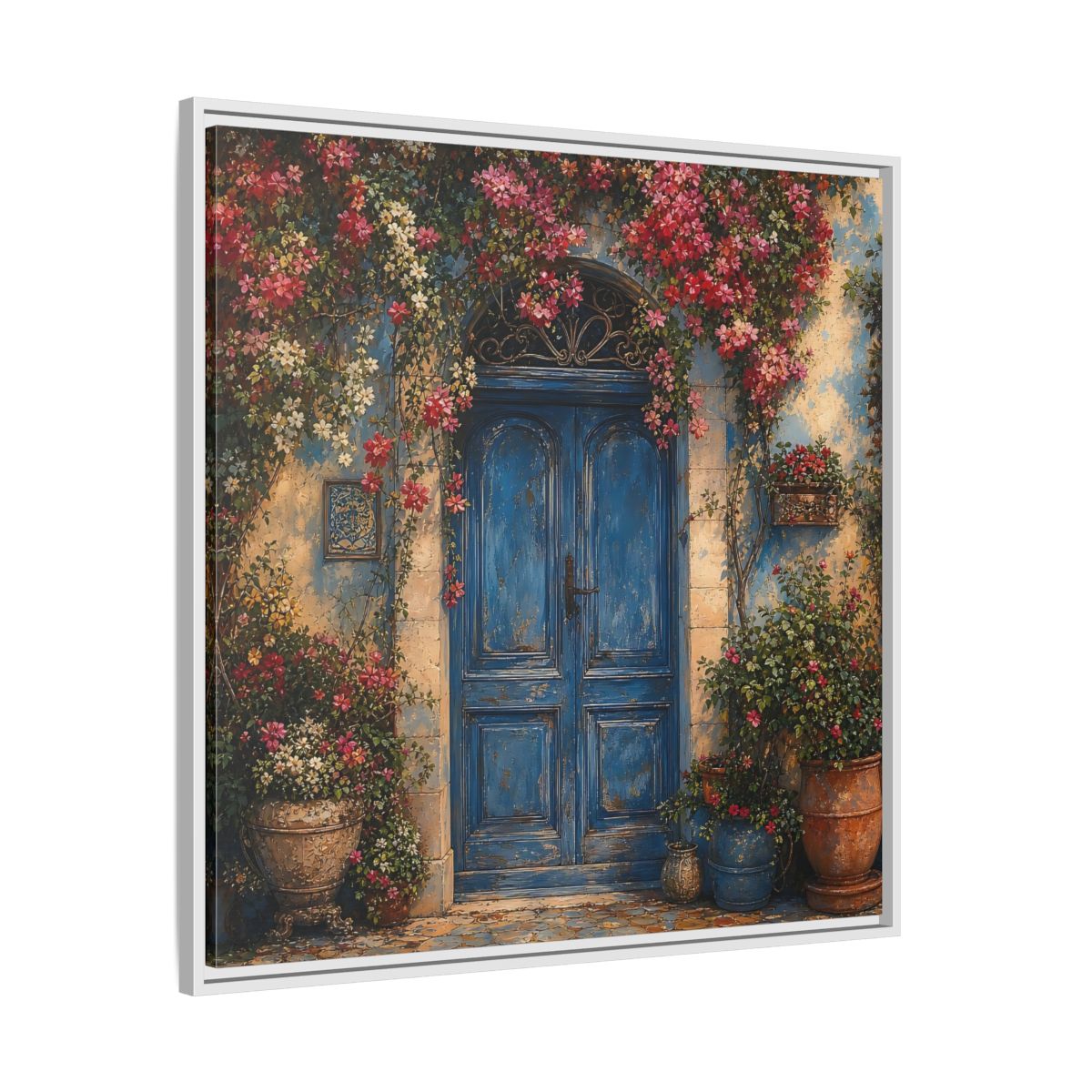 Side Mockup 25. Nature Blue Door Blue Door Flowers shown as stretched canvas wall art
