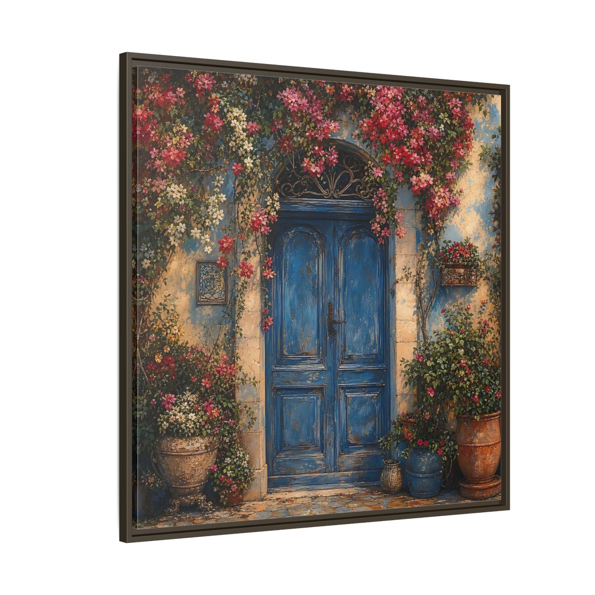 Side Mockup 5. Nature Blue Door Blue Door Flowers shown as stretched canvas wall art