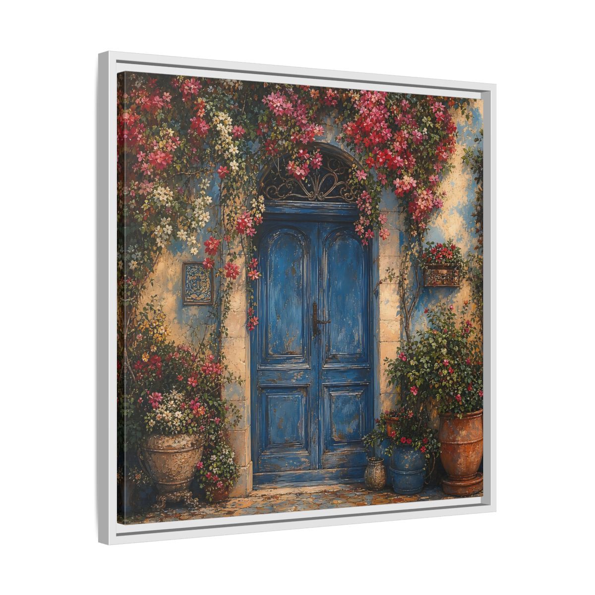 Side Mockup 26. Nature Blue Door Blue Door Flowers shown as stretched canvas wall art