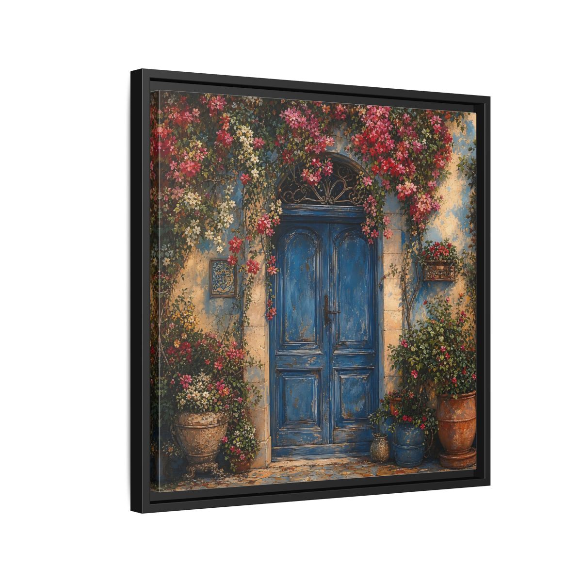 Side Mockup 12. Nature Blue Door Blue Door Flowers shown as stretched canvas wall art