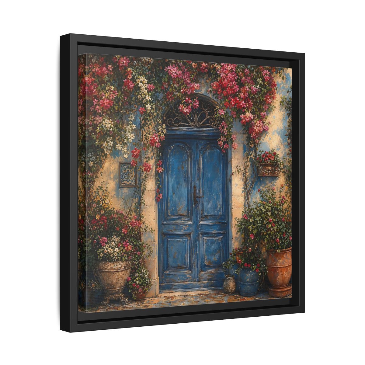 Side Mockup 32. Nature Blue Door Blue Door Flowers shown as stretched canvas wall art