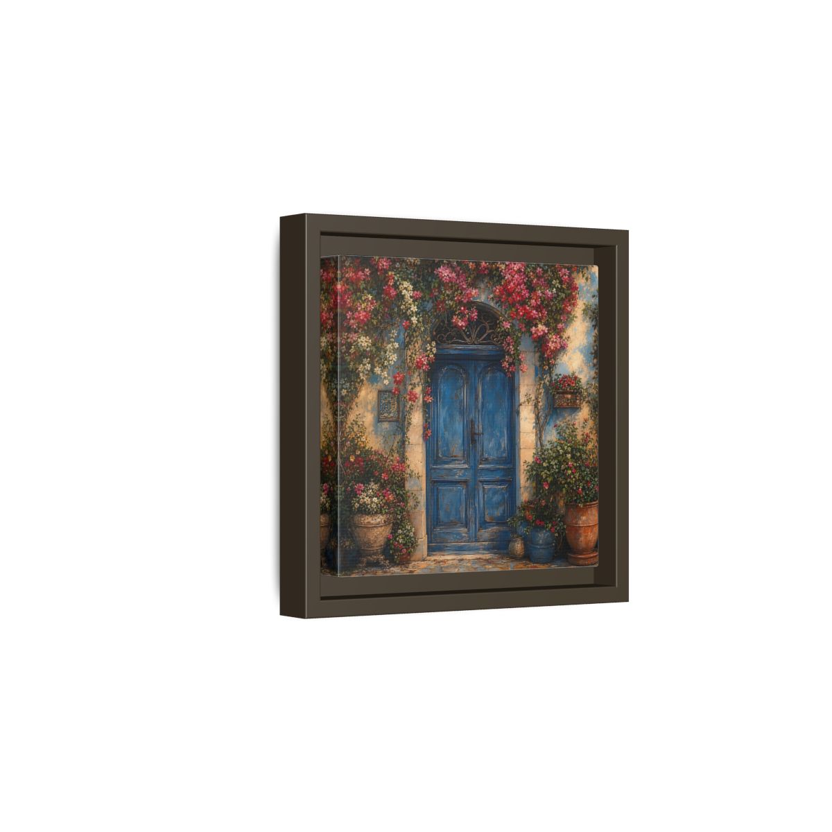 Side Mockup 2. Nature Blue Door Blue Door Flowers shown as stretched canvas wall art