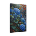 Side Mockup 4. Nature Blue Hydrangeas Blue Hydrangea Autumn shown as stretched canvas wall art