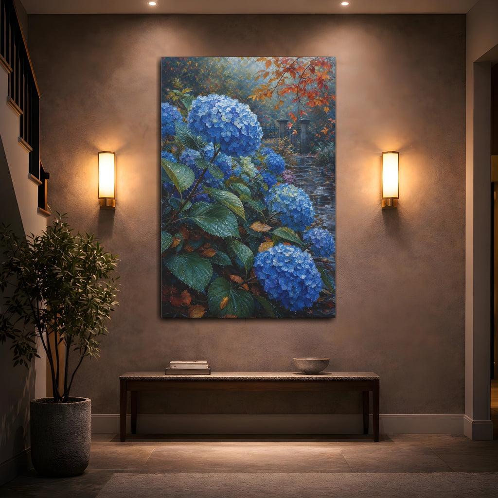 Mockup 2. Nature Blue Hydrangeas Blue Hydrangea Autumn shown as stretched canvas wall art