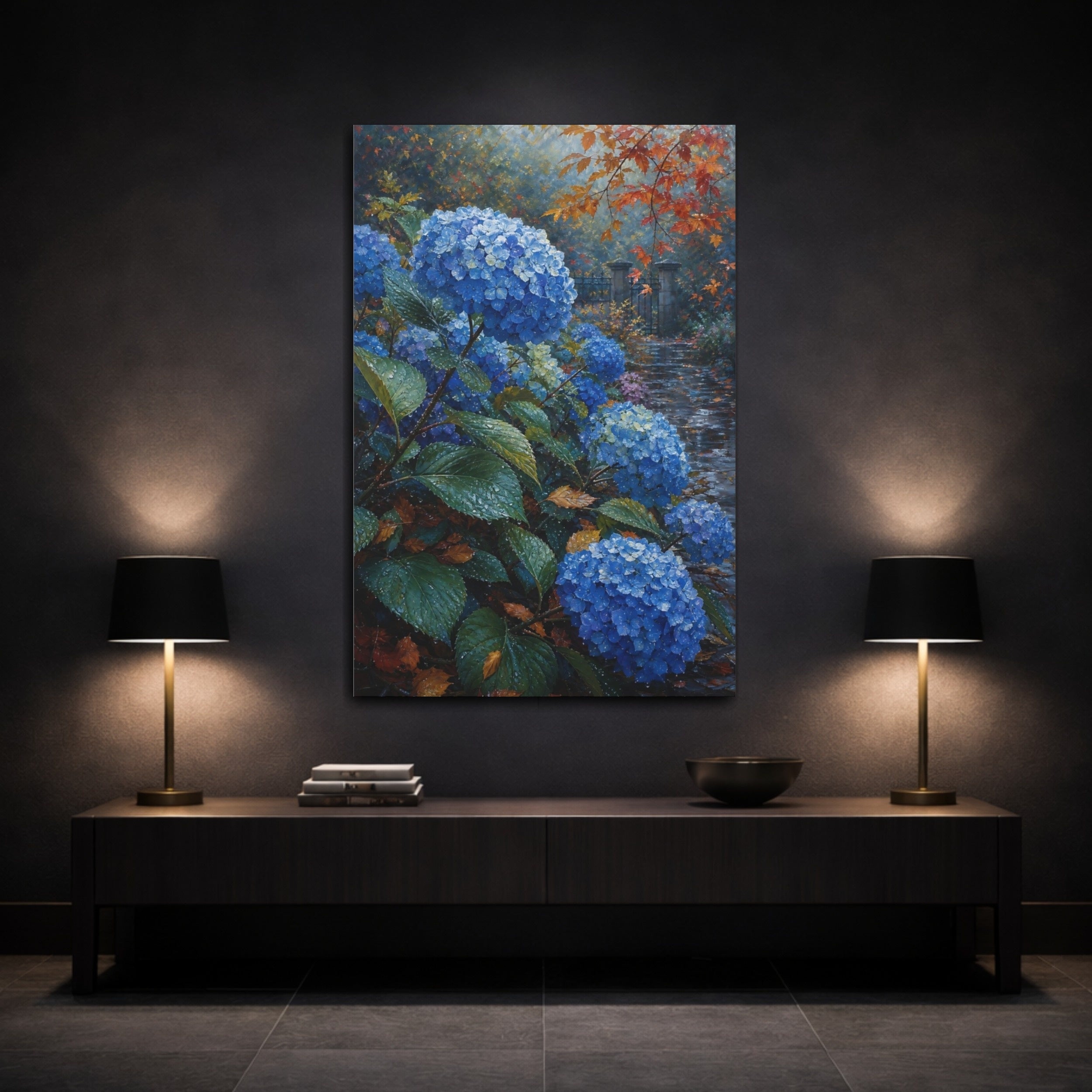 Mockup 3. Nature Blue Hydrangeas Blue Hydrangea Autumn shown as stretched canvas wall art