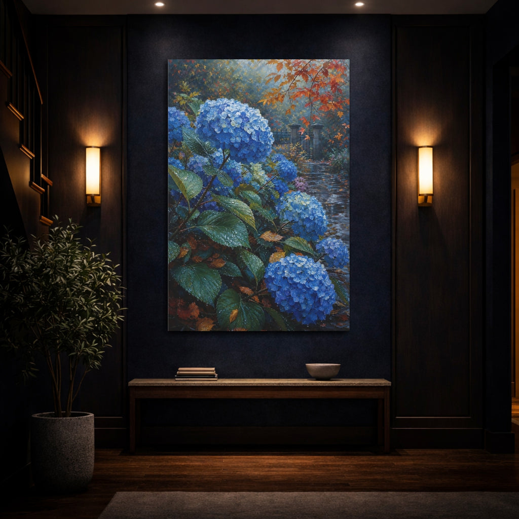 Mockup 4. Nature Blue Hydrangeas Blue Hydrangea Autumn shown as stretched canvas wall art