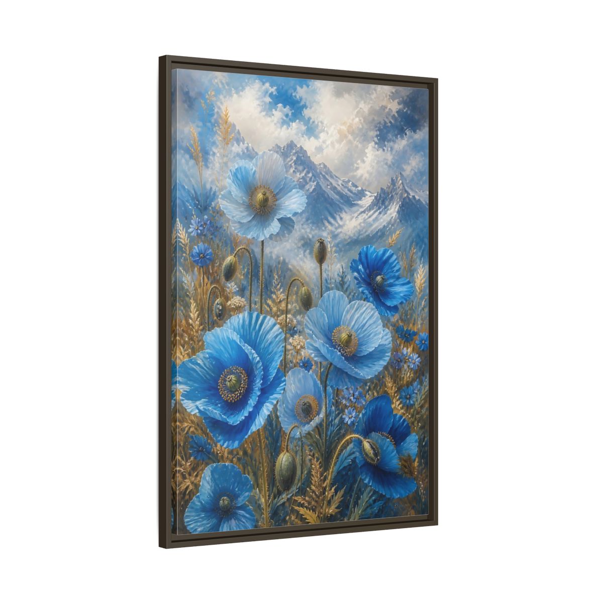 Main Mockup. Nature Blue Poppies Blue Poppies Landscape shown as stretched canvas wall art