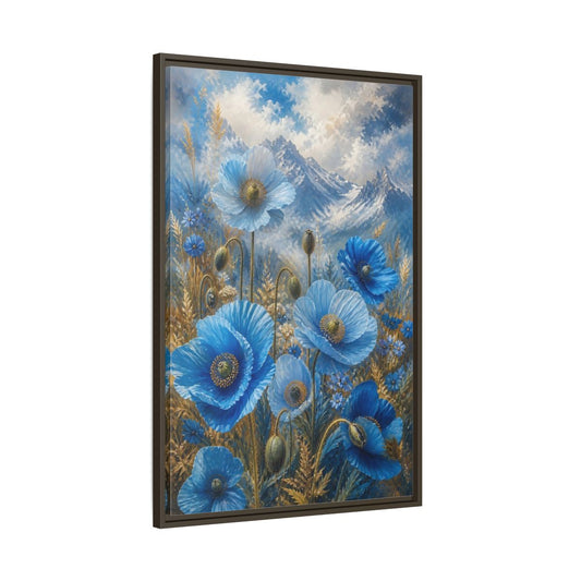 Main Mockup. Nature Blue Poppies Blue Poppies Landscape shown as stretched canvas wall art