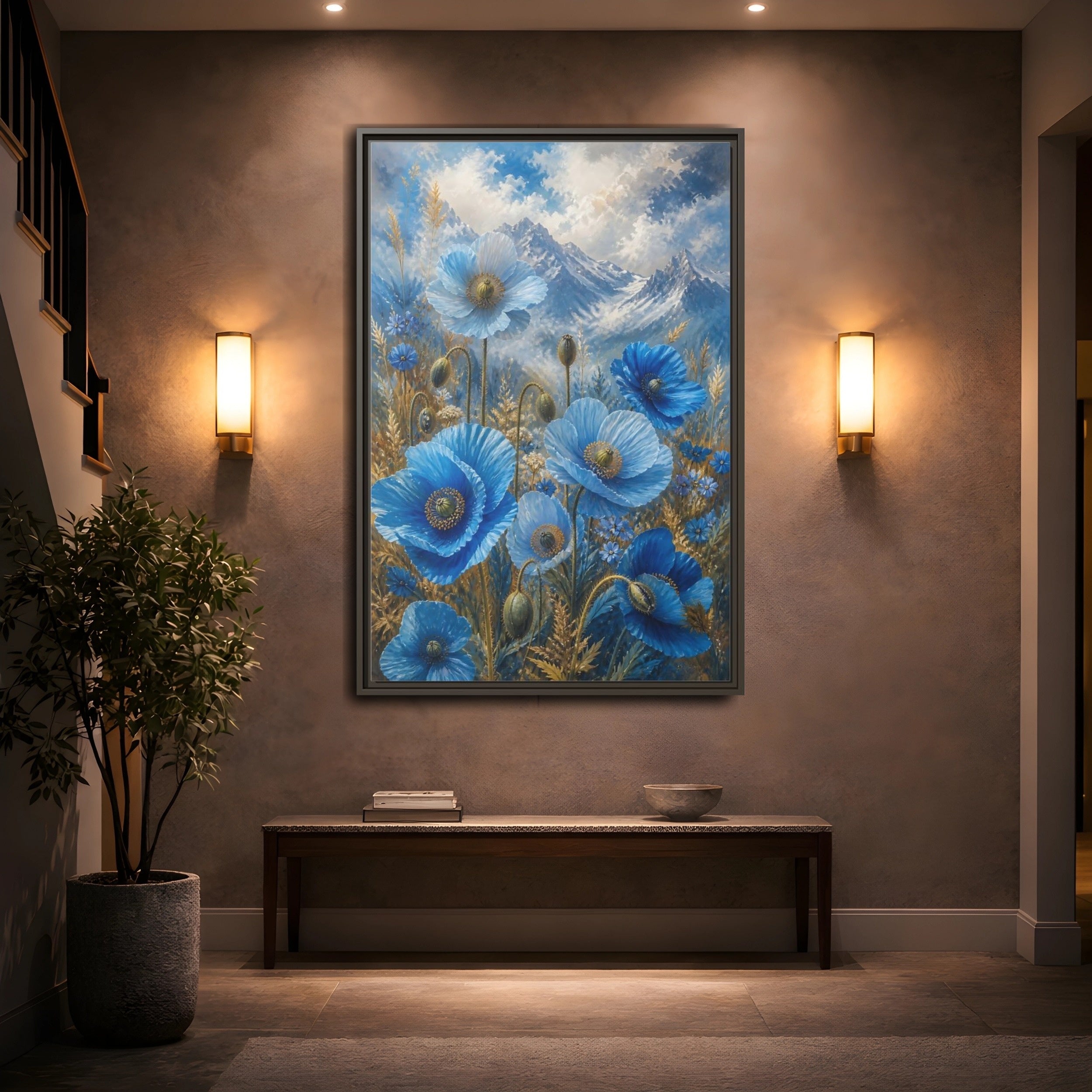 Mockup 2. Nature Blue Poppies Blue Poppies Landscape shown as stretched canvas wall art