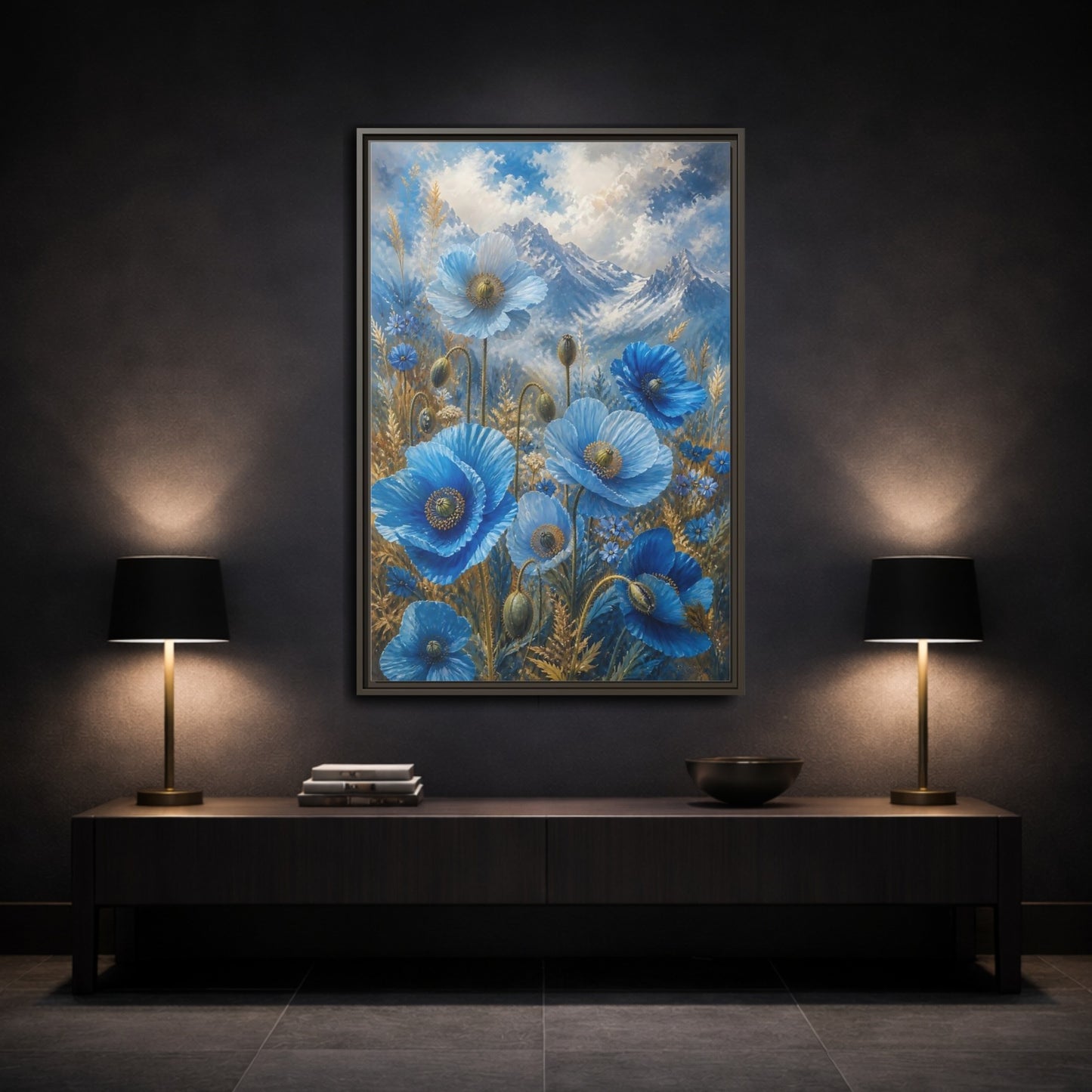 Mockup 3. Nature Blue Poppies Blue Poppies Landscape shown as stretched canvas wall art
