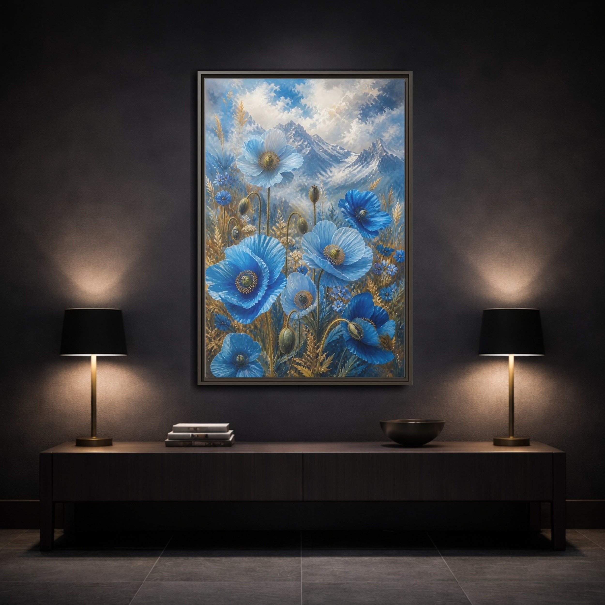 Mockup 3. Nature Blue Poppies Blue Poppies Landscape shown as stretched canvas wall art