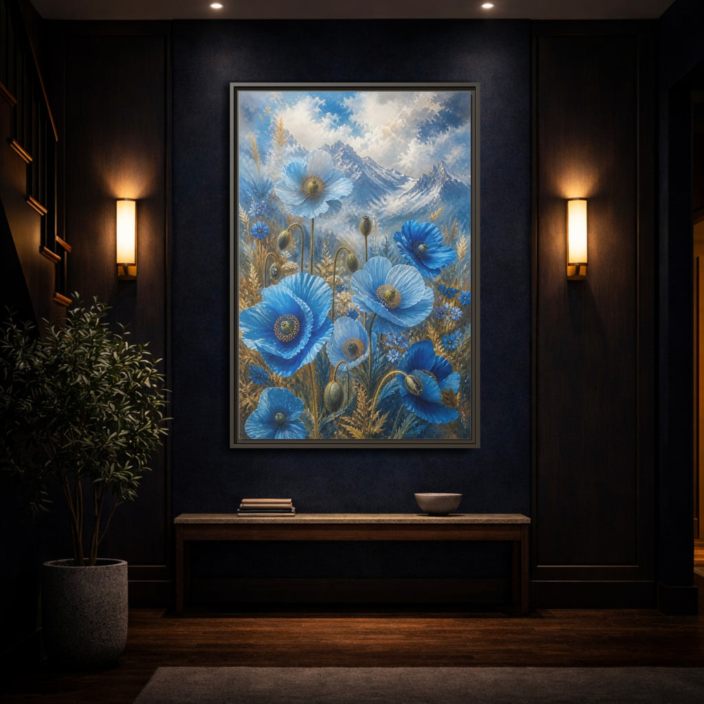Mockup 4. Nature Blue Poppies Blue Poppies Landscape shown as stretched canvas wall art