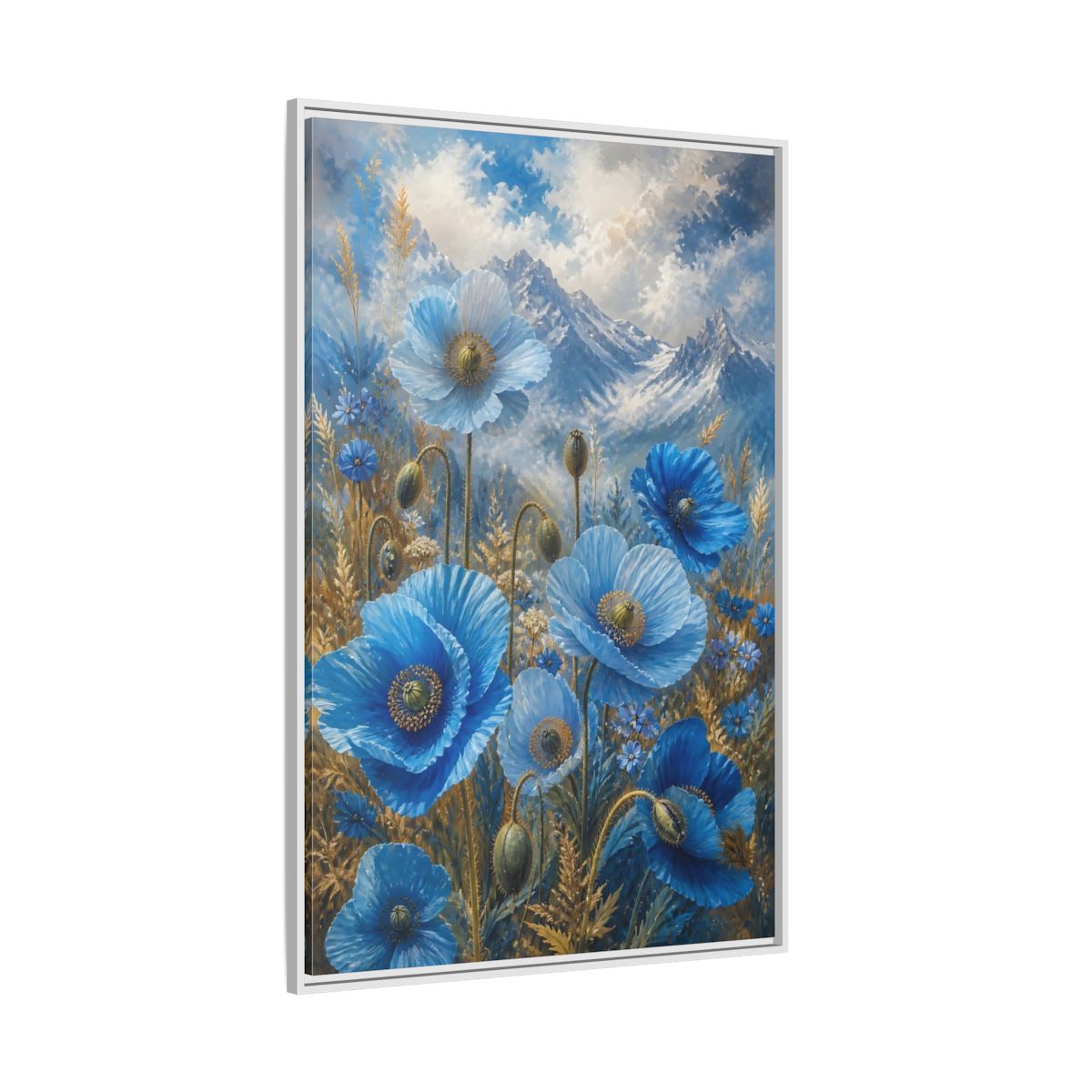 Side Mockup 7. Nature Blue Poppies Blue Poppies Landscape shown as stretched canvas wall art