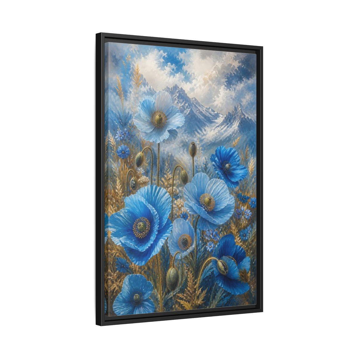 Side Mockup 14. Nature Blue Poppies Blue Poppies Landscape shown as stretched canvas wall art