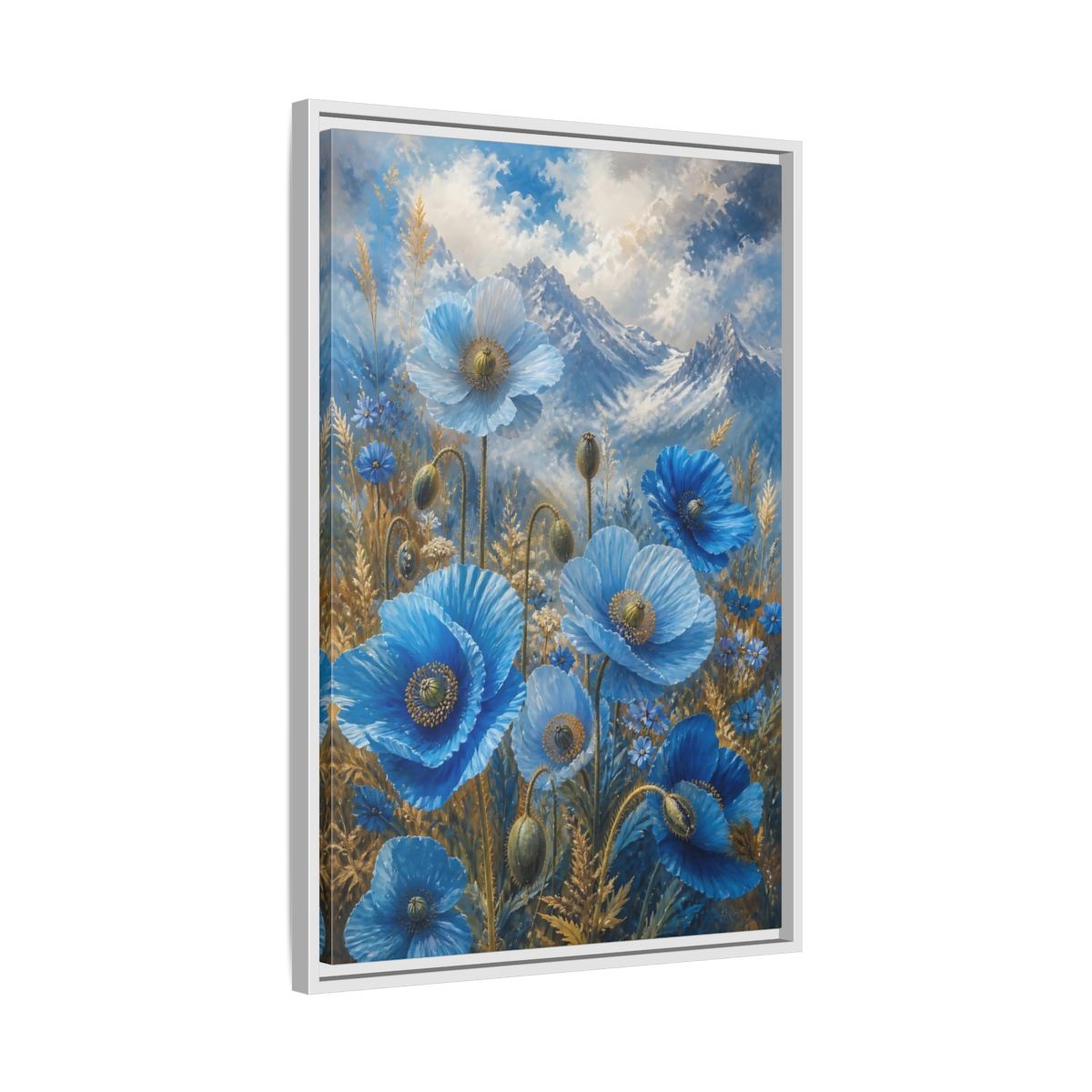 Side Mockup 10. Nature Blue Poppies Blue Poppies Landscape shown as stretched canvas wall art