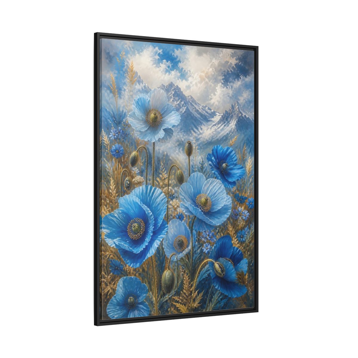 Side Mockup 12. Nature Blue Poppies Blue Poppies Landscape shown as stretched canvas wall art