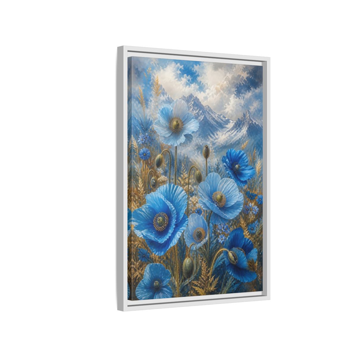 Side Mockup 1. Nature Blue Poppies Blue Poppies Landscape shown as stretched canvas wall art
