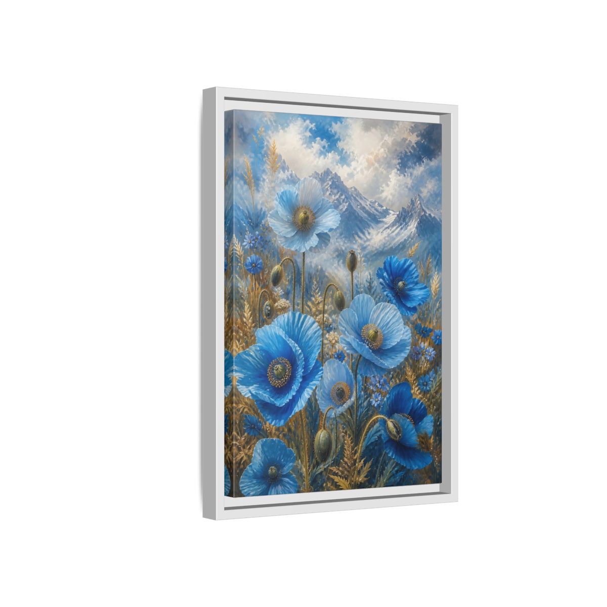 Side Mockup 4. Nature Blue Poppies Blue Poppies Landscape shown as stretched canvas wall art