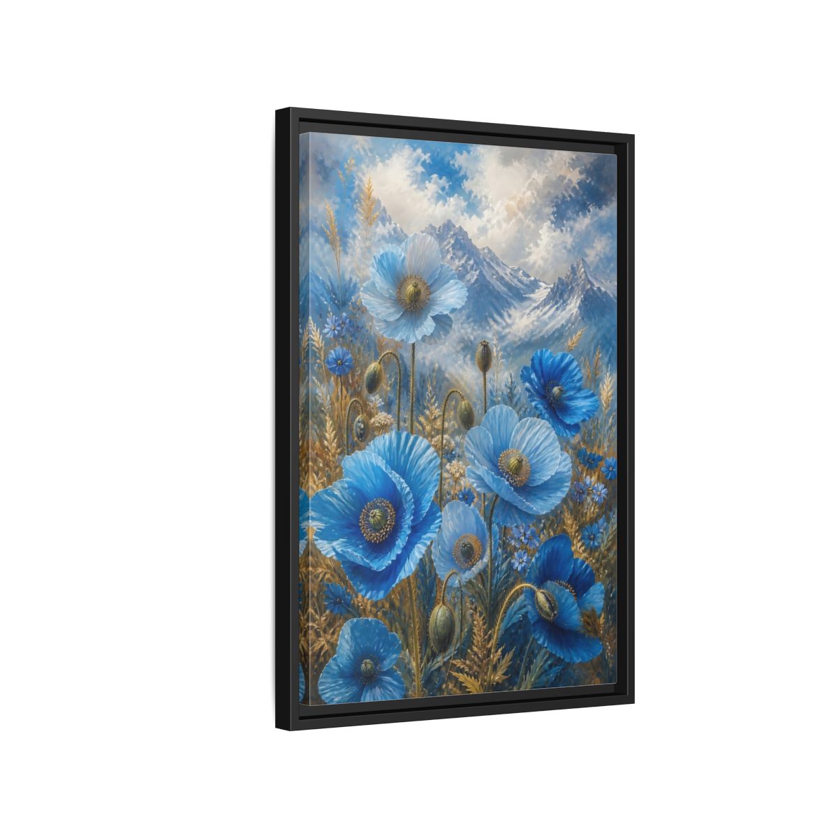 Side Mockup 3. Nature Blue Poppies Blue Poppies Landscape shown as stretched canvas wall art