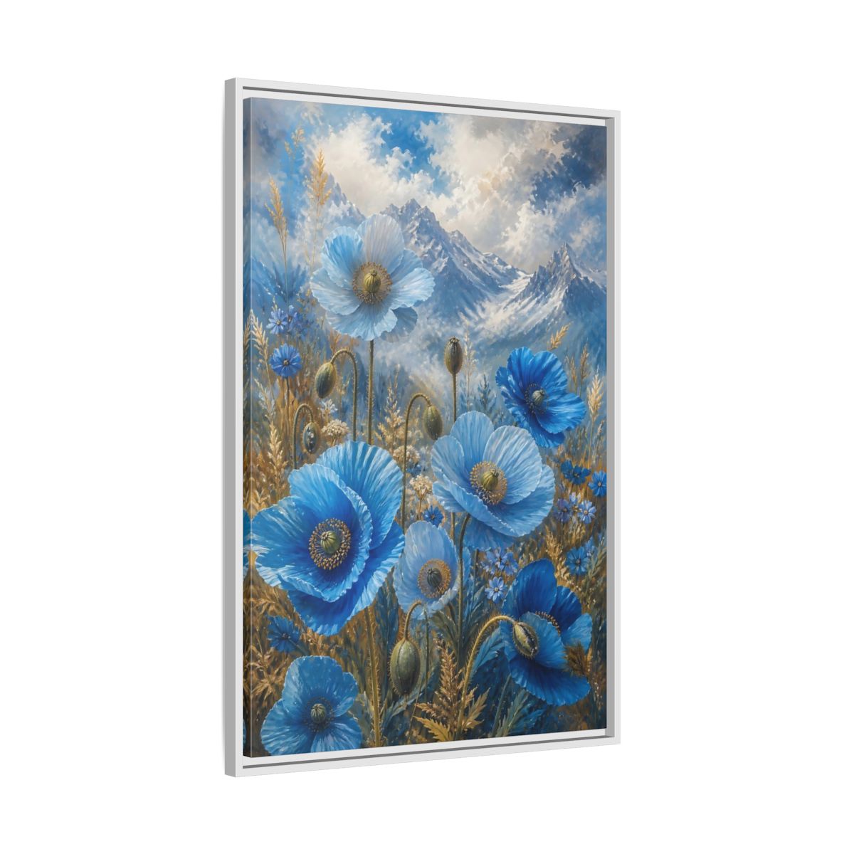 Side Mockup 9. Nature Blue Poppies Blue Poppies Landscape shown as stretched canvas wall art
