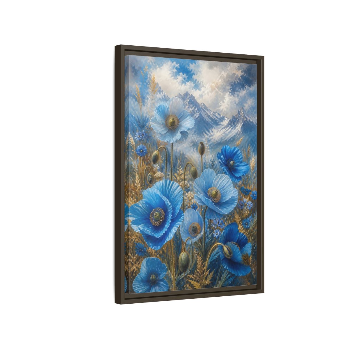 Side Mockup 2. Nature Blue Poppies Blue Poppies Landscape shown as stretched canvas wall art
