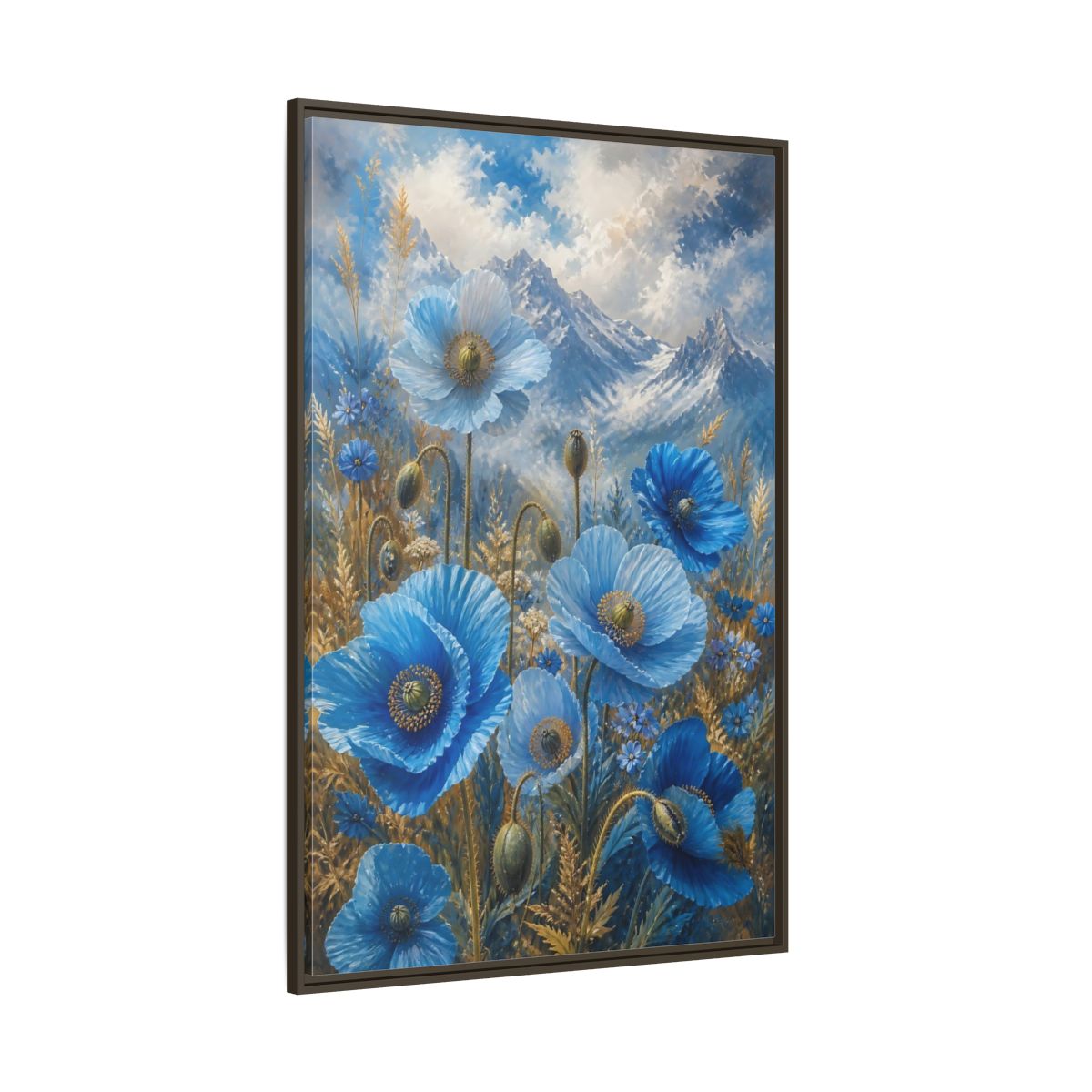 Side Mockup 8. Nature Blue Poppies Blue Poppies Landscape shown as stretched canvas wall art