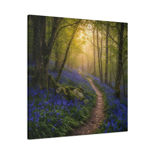 Main Mockup. Nature Bluebell Forest Bluebell Forest Path shown as stretched canvas wall art