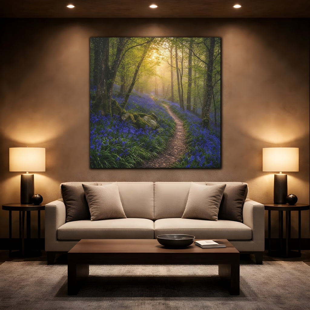 Mockup 2. Nature Bluebell Forest Bluebell Forest Path shown as stretched canvas wall art