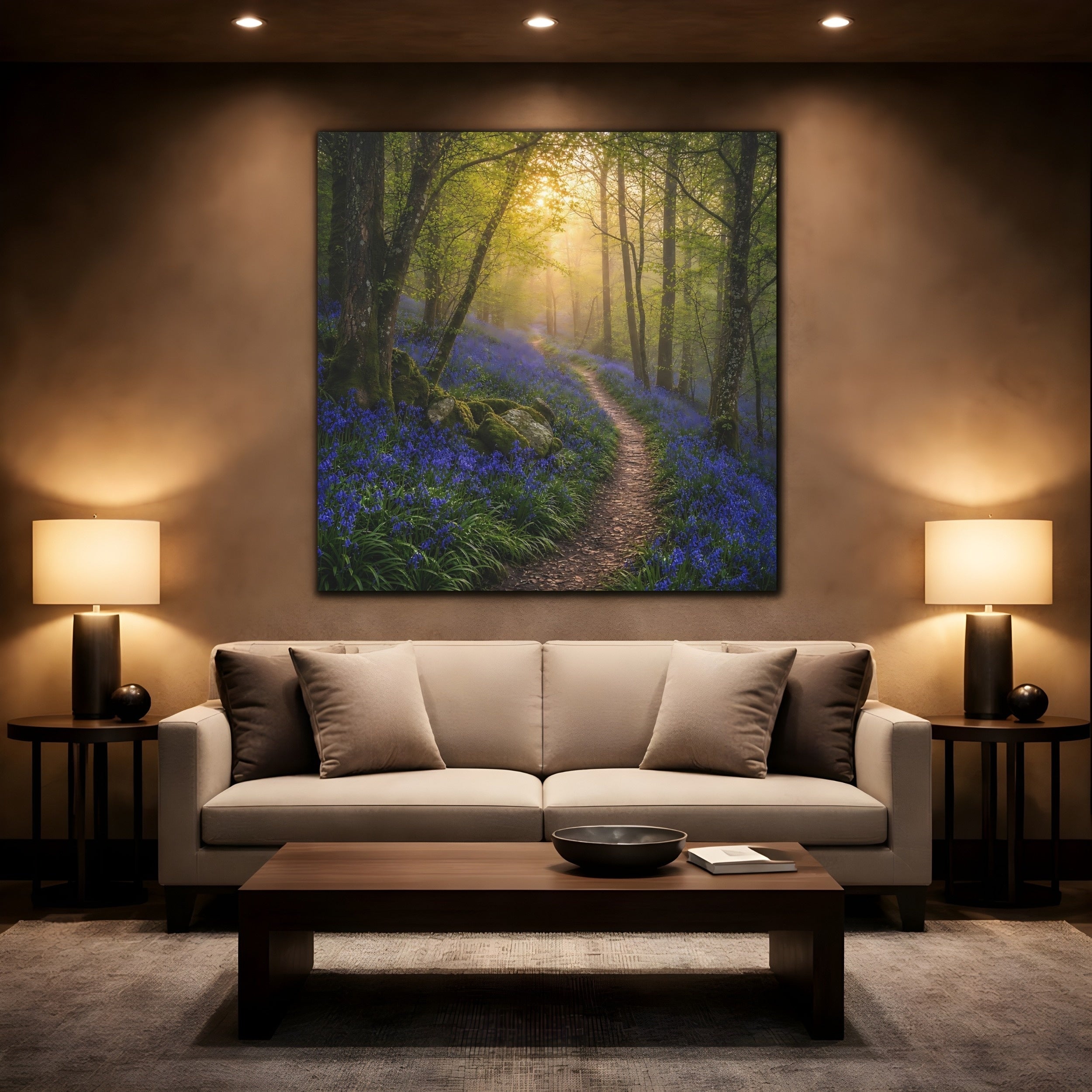 Mockup 2. Nature Bluebell Forest Bluebell Forest Path shown as stretched canvas wall art