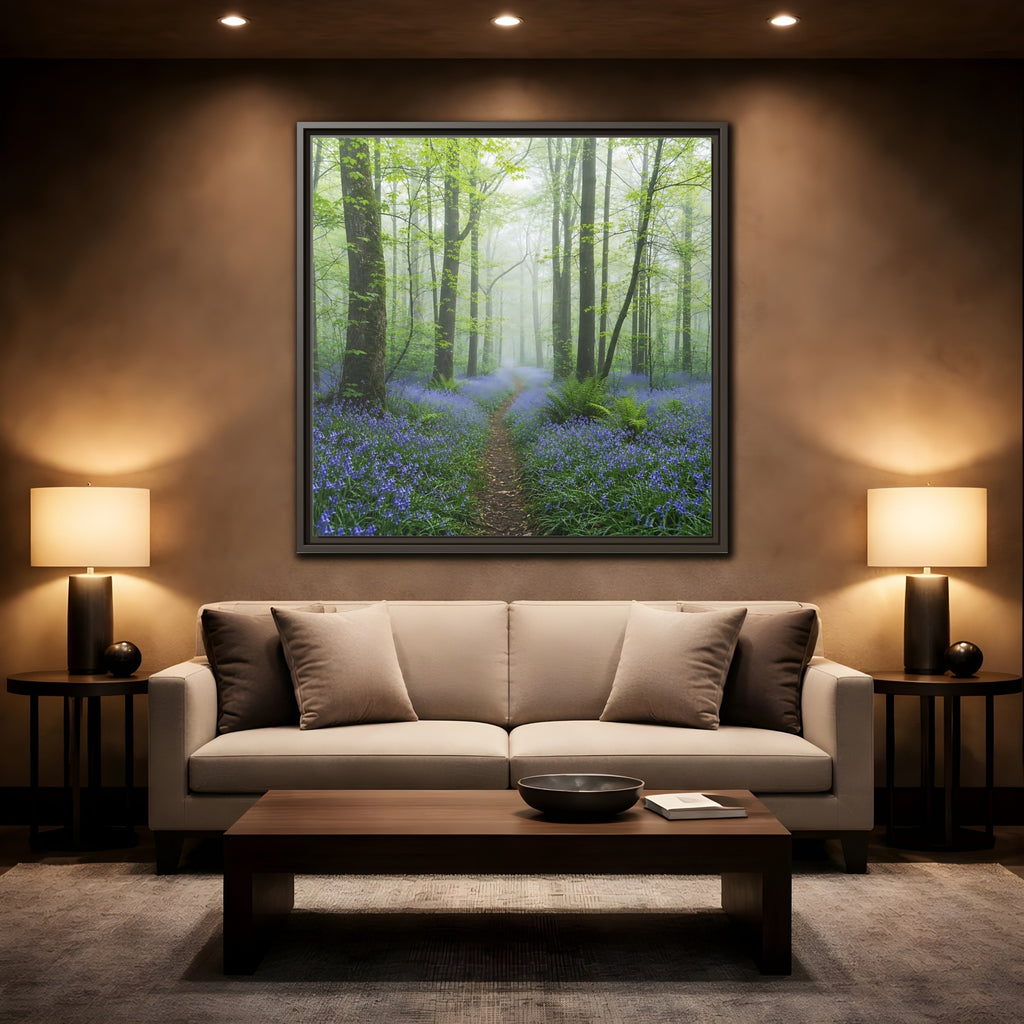Mockup 2. Nature Bluebell Forest Bluebell Forest Path shown as stretched canvas wall art