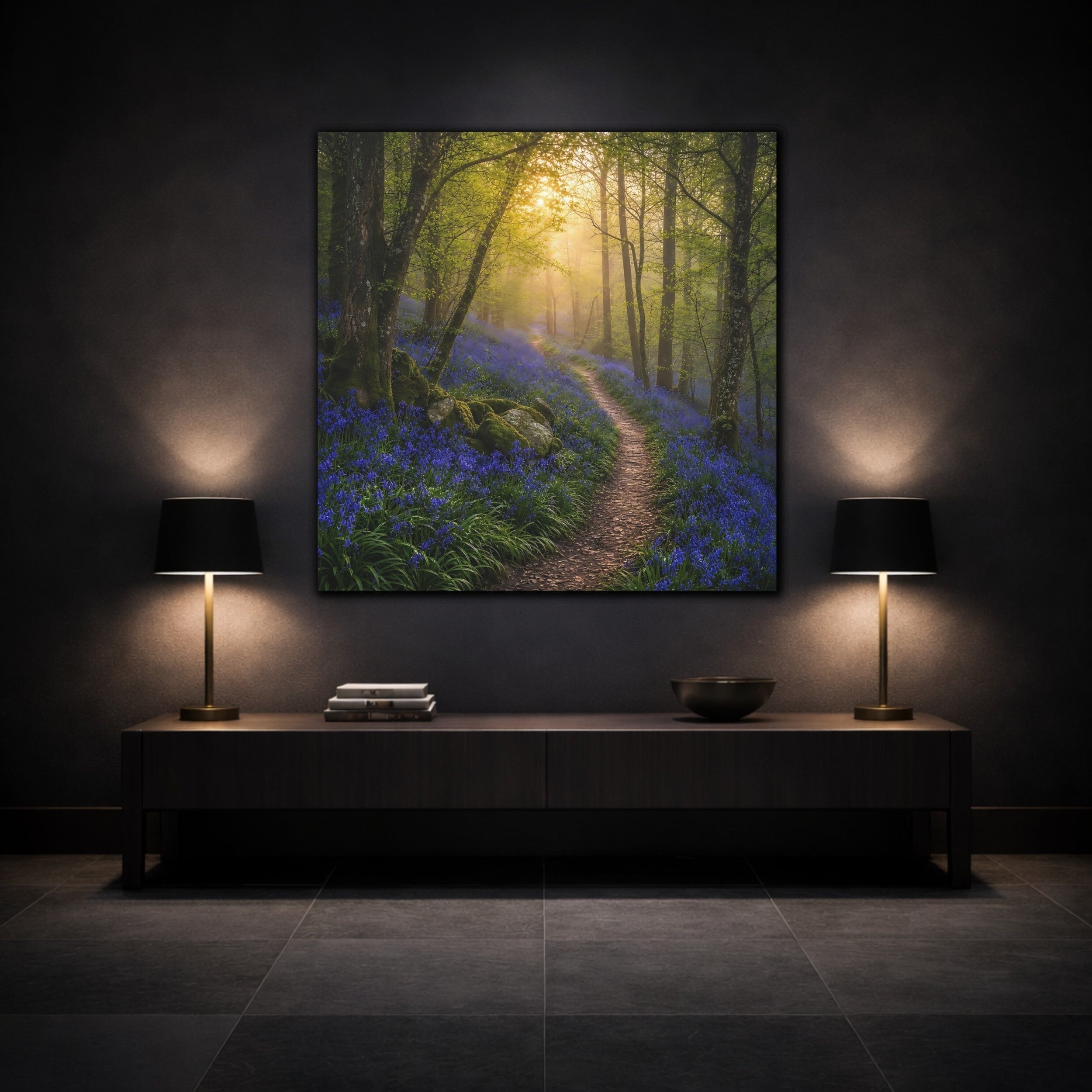 Mockup 3. Nature Bluebell Forest Bluebell Forest Path shown as stretched canvas wall art
