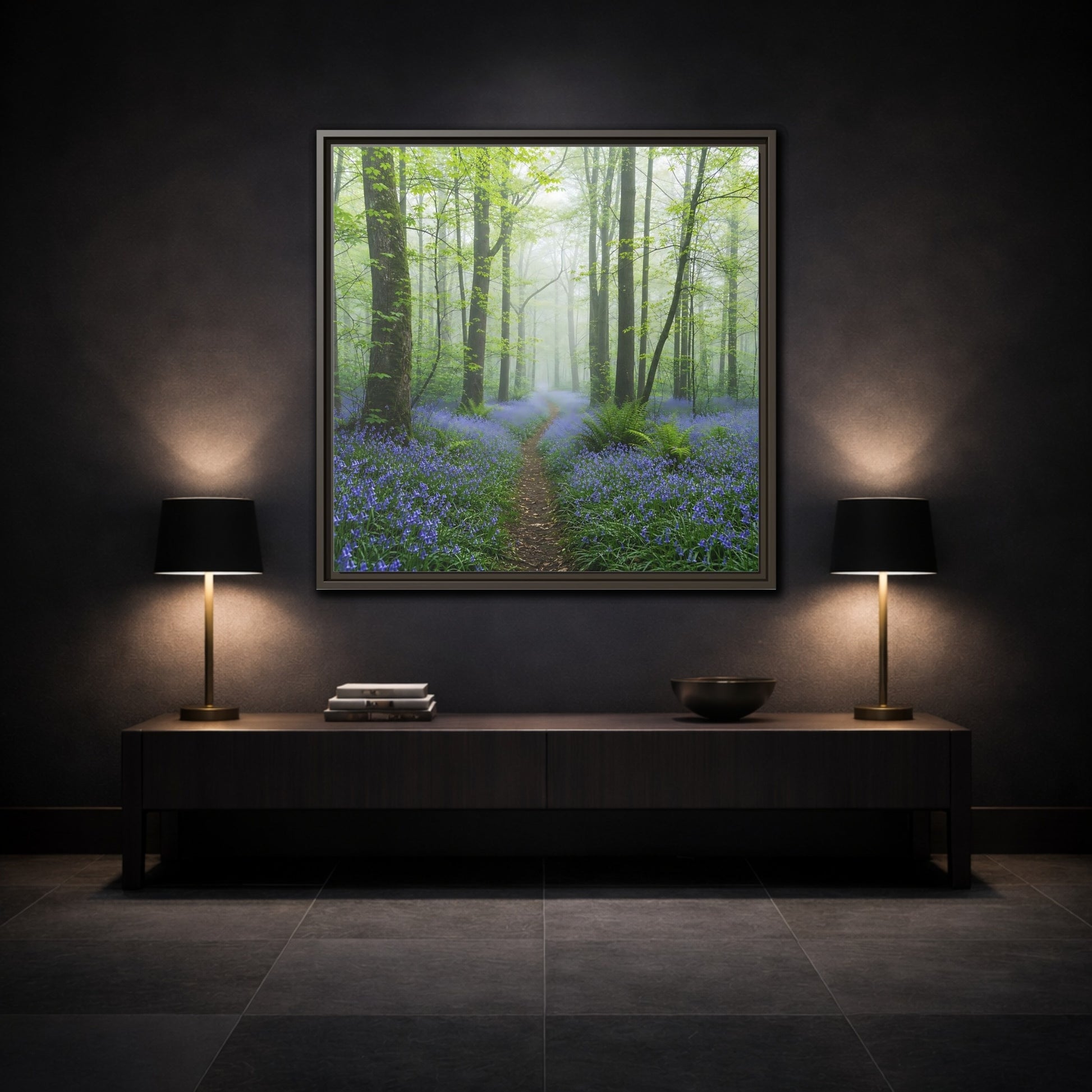 Bluebell forest path framed canvas print for living room decor