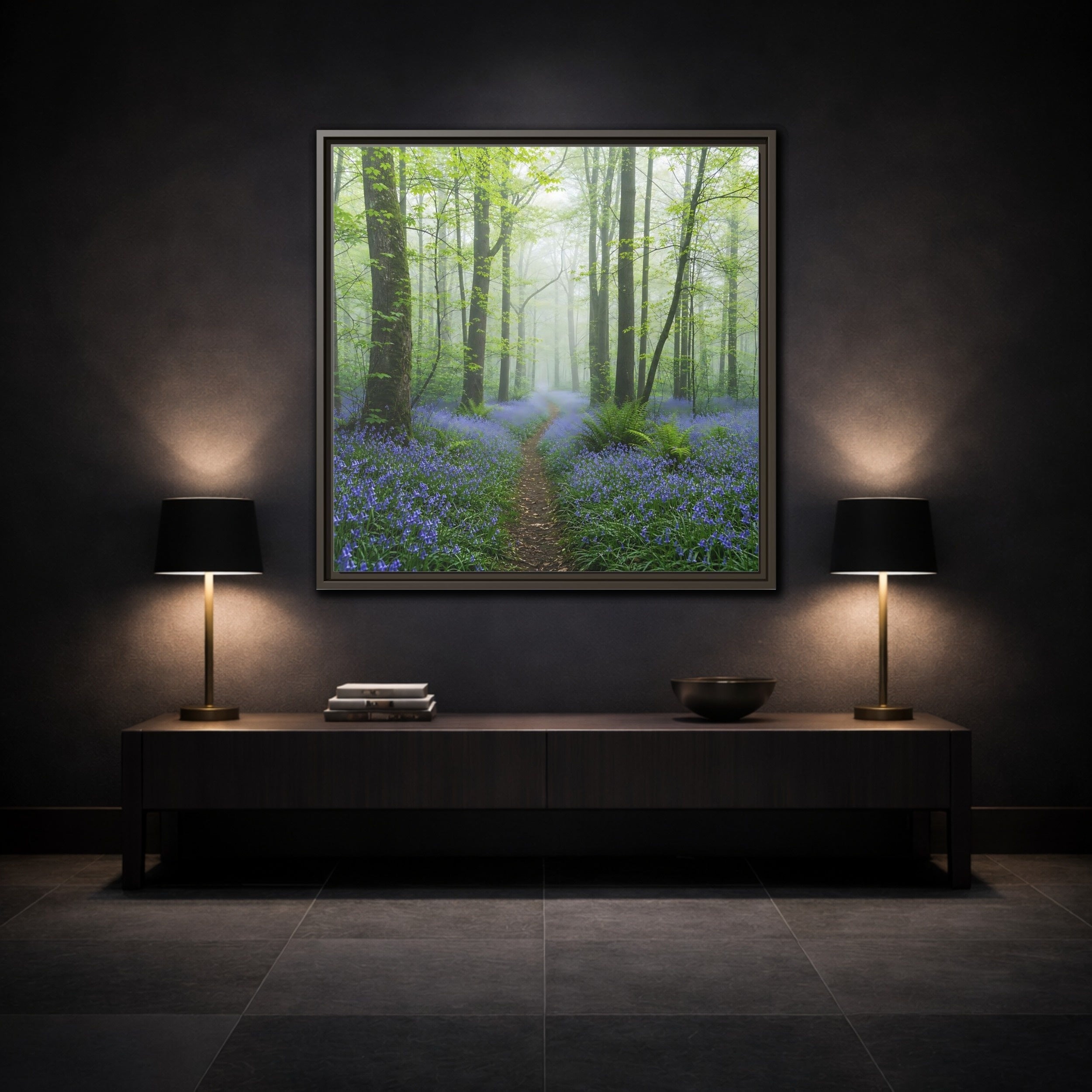 Mockup 3. Nature Bluebell Forest Bluebell Forest Path shown as stretched canvas wall art