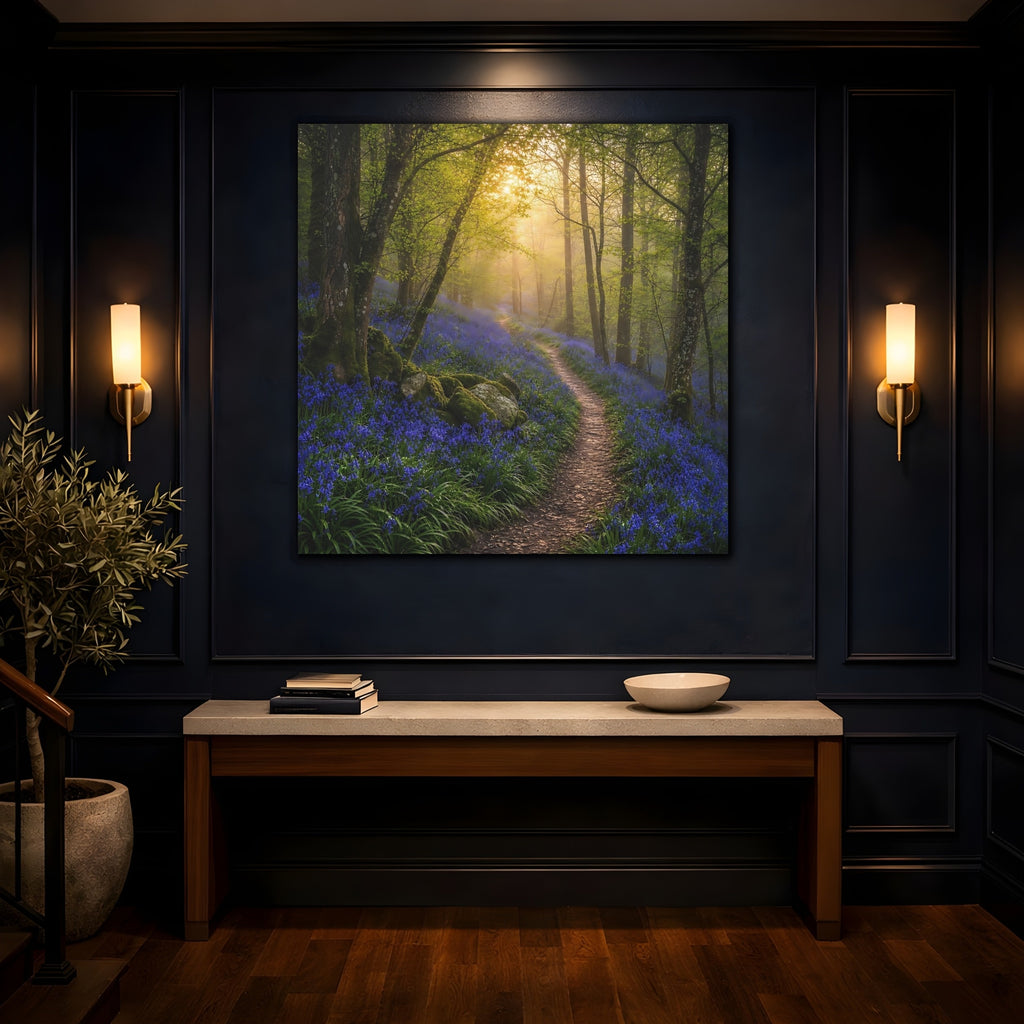 Mockup 4. Nature Bluebell Forest Bluebell Forest Path shown as stretched canvas wall art