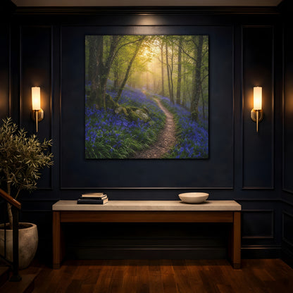 Mockup 4. Nature Bluebell Forest Bluebell Forest Path shown as stretched canvas wall art