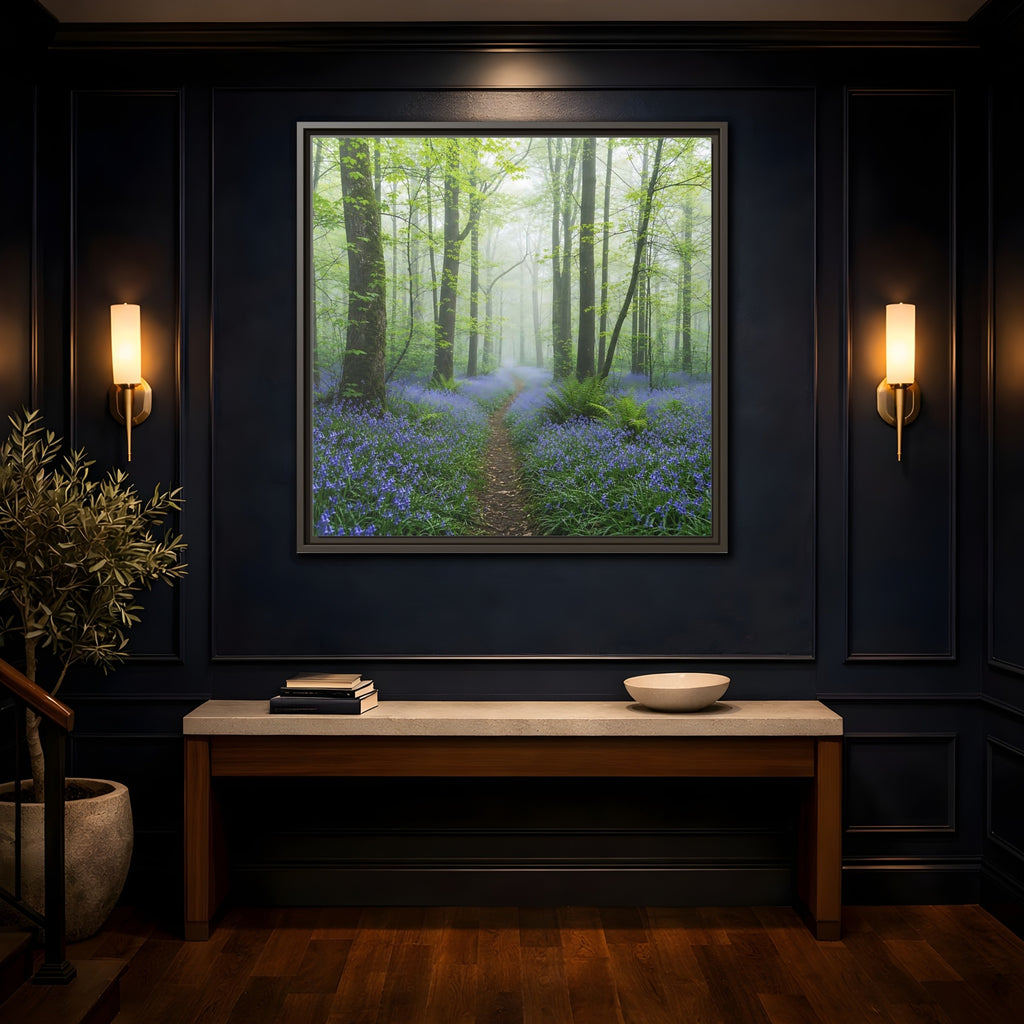 Mockup 4. Nature Bluebell Forest Bluebell Forest Path shown as stretched canvas wall art