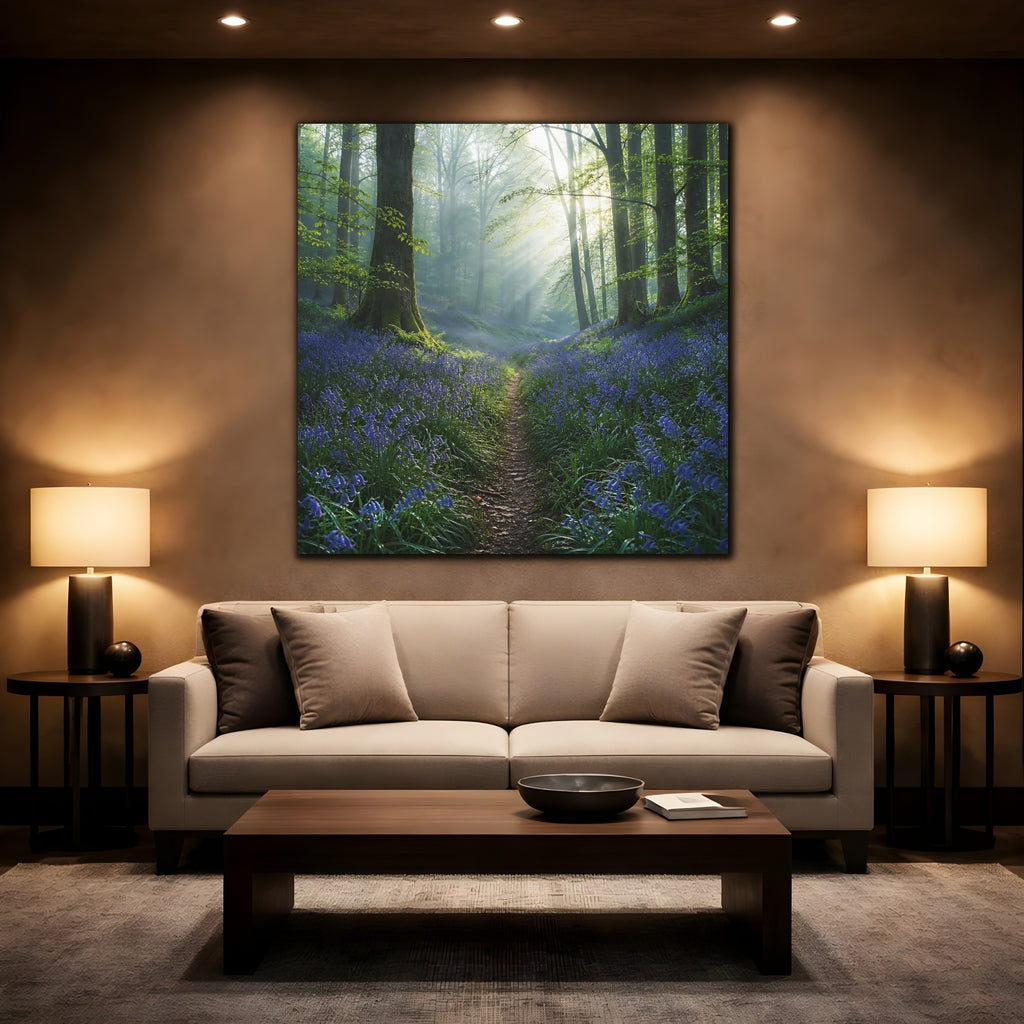 Mockup 2. Nature Bluebell Forest Bluebell Forest shown as stretched canvas wall art