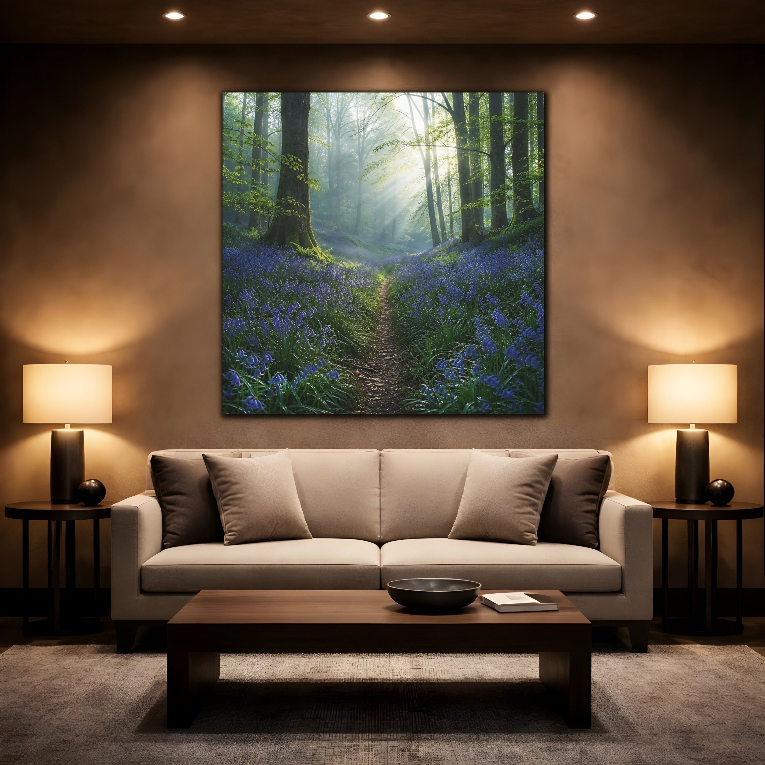 Mockup 2. Nature Bluebell Forest Bluebell Forest shown as stretched canvas wall art